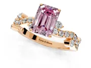 Solitaire Engagement Ring Setting for Fancy Pink Emerald Cut Center with Bar-Station Pave Twist and Prong Head in Rose Gold