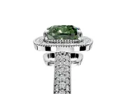 Milgrain Halo Engagement Ring Setting for Fancy Green Cushion Cut Center with Three-Sided Pave Band and Prong Head in Platinum