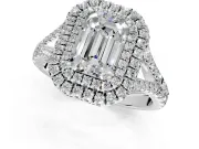 Double Halo Engagement Ring Setting for Emerald Cut Center with Narrow Pave Split Shank and Prong Head in White Gold