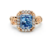Halo Engagement Ring Setting for Fancy Blue Radiant Cut Center with Open Scroll Shoulders and Prong Head in Rose Gold