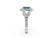 Double Halo Engagement Ring Setting for Fancy Blue Emerald Cut Center with Narrow Pave Split Shank and Prong Head in Platinum