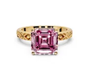 Solitaire Engagement Ring Setting for Fancy Pink Asscher Cut Center with Milgrain X Pattern Band and Prong Head in Yellow Gold