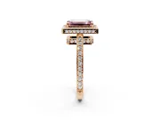 Halo Engagement Ring Setting for Fancy Pink Emerald Cut Center with Metal-Rimmed Halo, Pave Band and Prong Head in Rose Gold