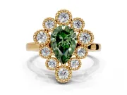 Cluster Halo Engagement Ring Setting for Fancy Green Pear-Shaped Center with Milgrain Bezel Accents and Prong Head in Yellow Gold