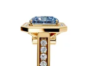 Halo Engagement Ring Setting for Fancy Blue Radiant Cut Center with Outer Bezel Rim, Pave Band and Prong Head in Yellow Gold