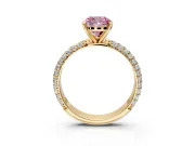 Solitaire Engagement Ring Setting for Fancy Pink Cushion Cut Center with Domed Multi-Row Pave Band and Prong Head in Yellow Gold