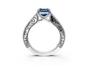 Solitaire Engagement Ring Setting for Fancy Blue Asscher Cut Center with Engraved Pave Band and Prong Head in Sterling Silver
