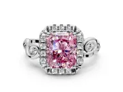 Halo Engagement Ring Setting for Fancy Pink Radiant Cut Center with Open Scroll Shoulders and Prong Head in Sterling Silver