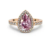Accent Halo Engagement Ring Setting for Fancy Pink Pear-Shaped Center with Full-Length Pave Band and Prong Head in Rose Gold