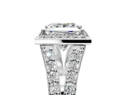 Halo Engagement Ring Setting for Princess Cut Center with Narrow Pave Split Shank and Prong Head in Platinum