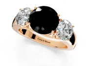 3 Stone Engagement Ring Setting for Fancy Black Round Cut Center with Raised Basket Heads and Prong Head in Rose Gold