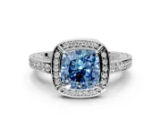 Halo Engagement Ring Setting for Fancy Blue Cushion Cut Center with Framed Halo, Pave Band and Prong Head in Platinum