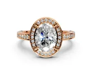 Halo Engagement Ring Setting for Oval Center with Framed Halo, Pave Band and Prong Head in Rose Gold