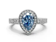Milgrain Halo Engagement Ring Setting for Fancy Blue Pear-Shaped Center with Wide Pave Band and Prong Head in White Gold