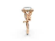 Halo Engagement Ring Setting for Asscher Cut Center with Leaf Motif Split Shank and Prong Head in Rose Gold