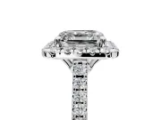 Halo Engagement Ring Setting for Asscher Cut Center with Raised Halo, Pave Band and Prong Head in Platinum