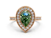 Halo Engagement Ring Setting for Fancy Green Pear-Shaped Center with Milgrain Pave Band and Bezel Head in Rose Gold