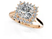 Starburst Halo Engagement Ring Setting for Cushion Cut Center with Thin Round-Wire Band and Prong Head in Rose Gold
