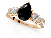 3 Stone Engagement Ring Setting for Fancy Black Pear-Shaped Center with Pave Split Shank and Prong Head in Rose Gold