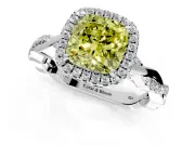 Halo Engagement Ring Setting for Fancy Yellow Cushion Cut Center with Pave and Plain Twist Band and Prong Head in Sterling Silver