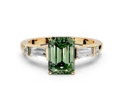 Bar-Set Engagement Ring Setting for Fancy Green Emerald Cut Center with Tapered Baguette Accents and Prong Head in Yellow Gold