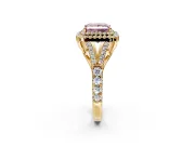 Double Halo Engagement Ring Setting for Fancy Pink Princess Cut Center with Narrow Pave Split Shank and Prong Head in Yellow Gold