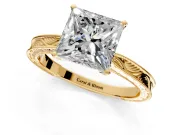Solitaire Engagement Ring Setting for Princess Cut Center with Engraved Milgrain Band and Prong Head in Yellow Gold
