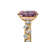 Cluster Engagement Ring Setting for Fancy Pink Emerald Cut Center with Round Cut Accent Band and Prong Head in Yellow Gold
