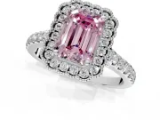 Milgrain Floral Halo Engagement Ring Setting for Fancy Pink Emerald Cut Center with Pave Band and Prong Head in Platinum