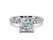 Solitaire Engagement Ring Setting for Princess Cut Center with Shared-Prong Accents and Prong Head in Platinum