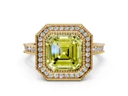 Halo Engagement Ring Setting for Fancy Yellow Asscher Cut Center with Milgrain Pave Band and Bezel Head in Yellow Gold