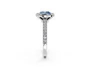 Halo Engagement Ring Setting for Fancy Blue Cushion Cut Center with Milgrain Pave Band and Bezel Head in Platinum