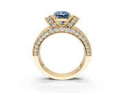 Pave Engagement Ring Setting for Fancy Blue Radiant Cut Center with Curved Accent Rows, Openwork and Prong Head in Yellow Gold