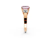 3 Stone Engagement Ring Setting for Fancy Pink Asscher Cut Center with Matching Side Accents and Prong Head in Rose Gold