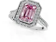 Halo Engagement Ring Setting for Fancy Pink Emerald Cut Center with Milgrain Pave Band and Bezel Head in Platinum