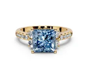 Paired Accent Engagement Ring Setting for Fancy Blue Princess Cut Center with Pave Band and Prong Head in Yellow Gold