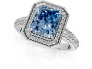 Milgrain Halo Engagement Ring Setting for Fancy Blue Radiant Cut Center with Three-Sided Pave Band and Prong Head in Sterling Silver