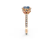 Halo Engagement Ring Setting for Fancy Blue Cushion Cut Center with Openwork Halo, Pave Band and Prong Head in Rose Gold