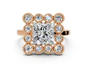 Cluster Halo Engagement Ring Setting for Princess Cut Center with Milgrain Bezel Accents and Prong Head in Rose Gold