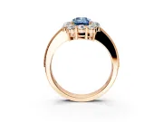 Halo Engagement Ring Setting for Fancy Blue Emerald Cut Center with Milgrain Channel Band and Prong Head in Rose Gold