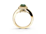 Halo Engagement Ring Setting for Fancy Green Radiant Cut Center with Metal-Rimmed Halo, Pave Band and Prong Head in Yellow Gold