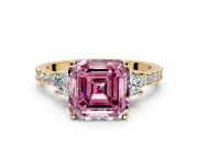 3 Stone Engagement Ring Setting for Fancy Pink Asscher Cut Center with Round Cut Side Accents and Prong Head in Yellow Gold