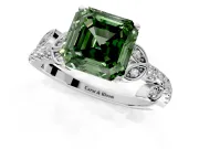 Leaf Motif Engagement Ring Setting for Fancy Green Asscher Cut Center with Pave Band and Prong Head in Platinum