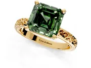 Solitaire Engagement Ring Setting for Fancy Green Asscher Cut Center with Scrollwork Band and Prong Head in Yellow Gold