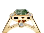Halo Engagement Ring Setting for Fancy Green Cushion Cut Center with Outer Bezel Rim, Pave Band and Prong Head in Yellow Gold