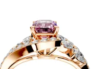 Halo Engagement Ring Setting for Fancy Pink Emerald Cut Center with Marquise and Pave Bypass Band and Prong Head in Rose Gold