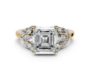 Leaf Cluster Engagement Ring Setting for Asscher Cut Center with Marquise Accents and Prong Head in Yellow Gold