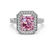 Halo Engagement Ring Setting for Fancy Pink Radiant Cut Center with Milgrain Pave Band and Bezel Head in Platinum