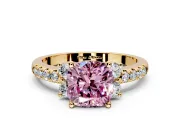 Paired Accent Engagement Ring Setting for Fancy Pink Cushion Cut Center with Pave Band and Prong Head in Yellow Gold