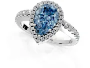 Accent Halo Engagement Ring Setting for Fancy Blue Pear-Shaped Center with Full-Length Pave Band and Prong Head in Sterling Silver
